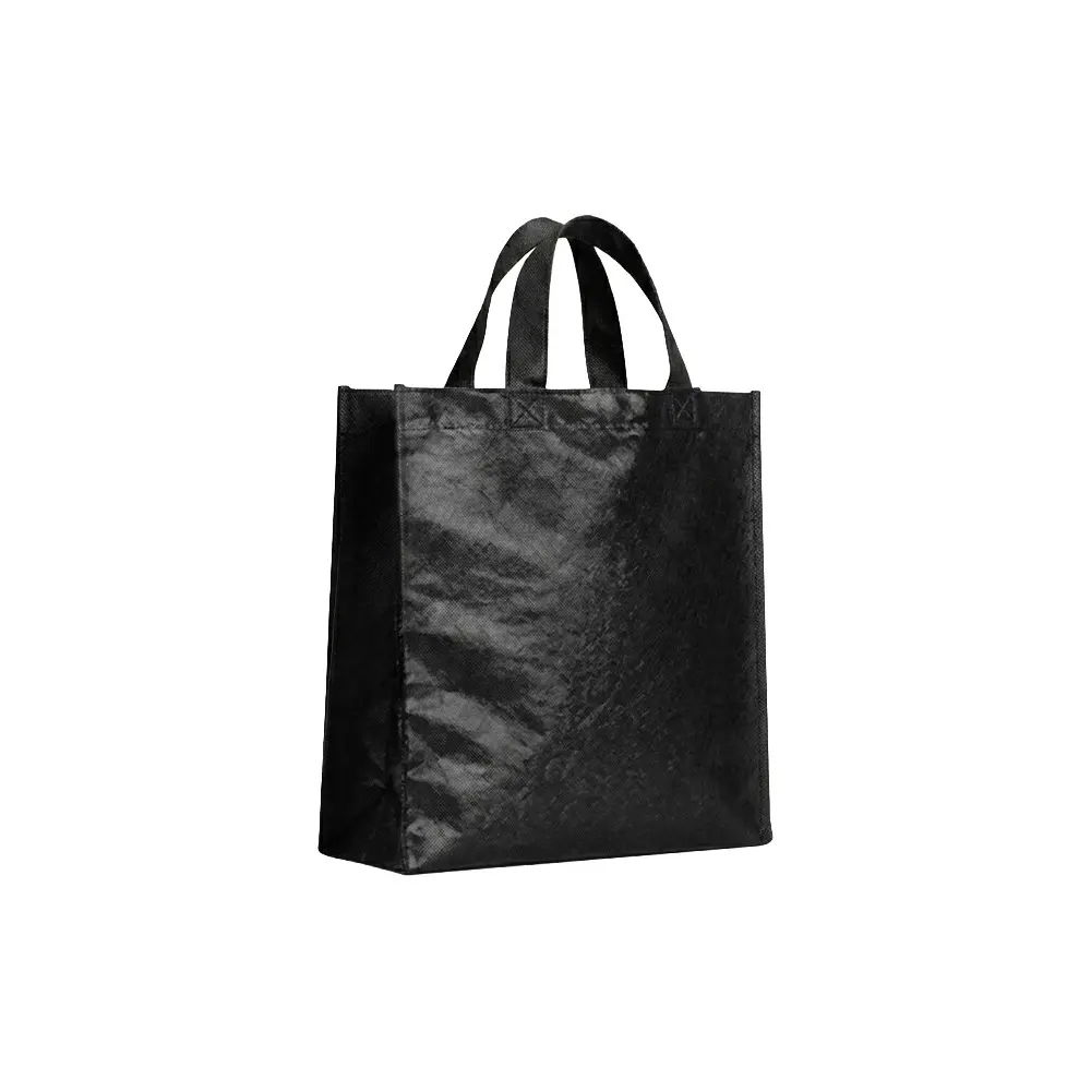 BOLSO CAMBRELA PLASTIFICADO NEGRO CON TIRA 23X22X11