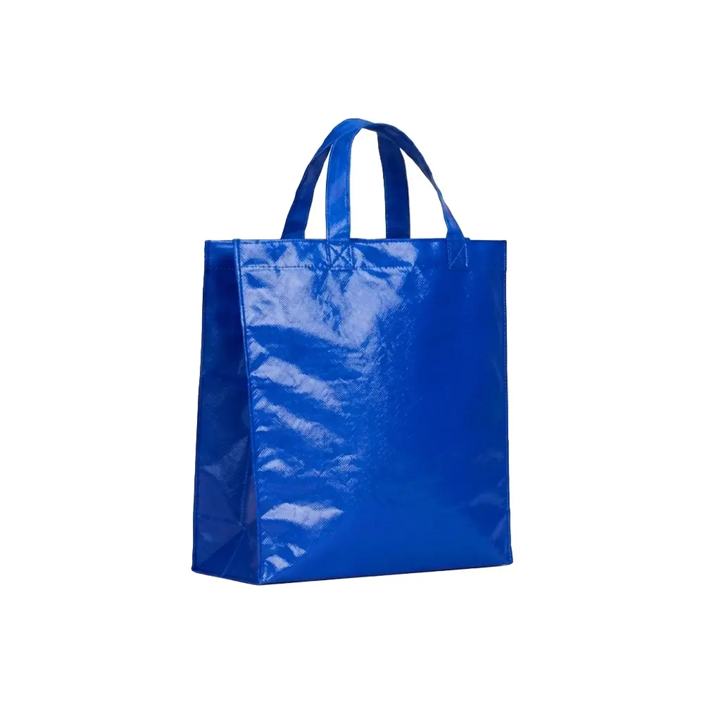 BOLSO CAMBRELA PLASTIFICADO AZUL CON TIRA 27X29X12