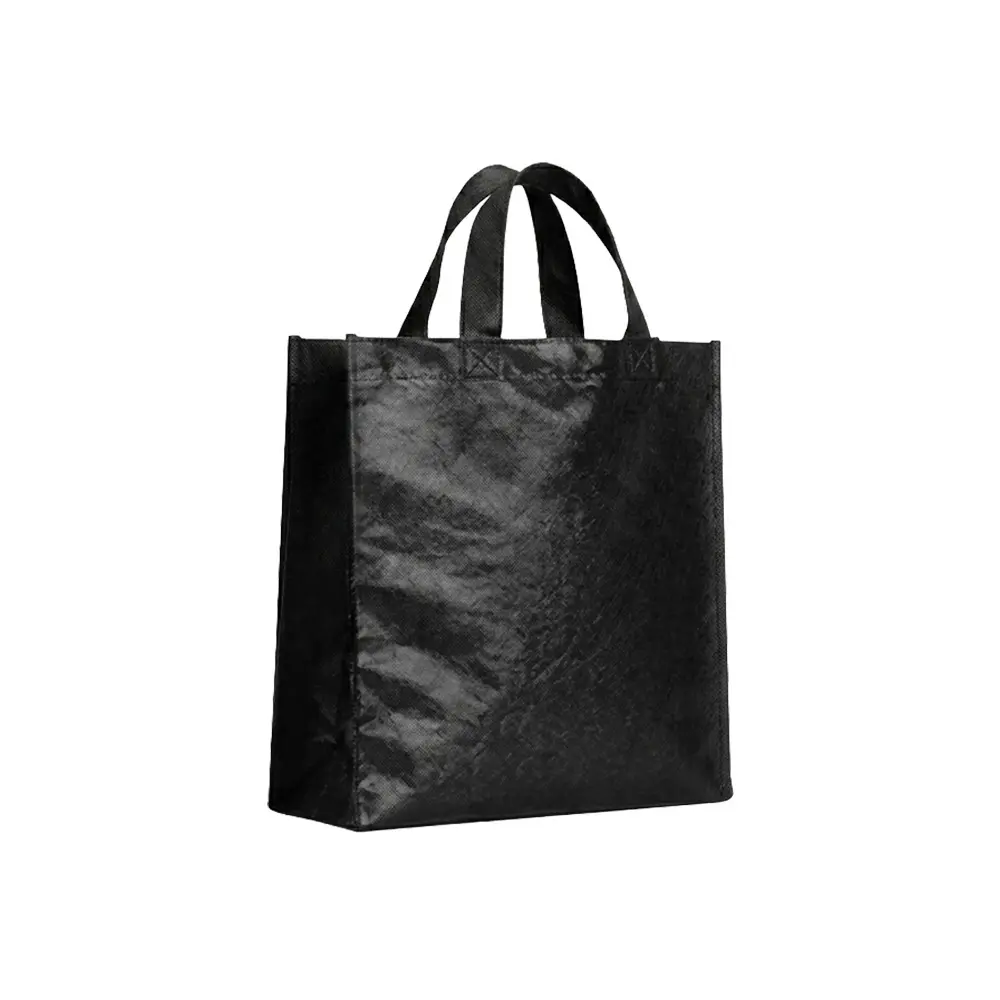 BOLSO CAMBRELA PLASTIFICADO NEGRO CON TIRA 27X29X12